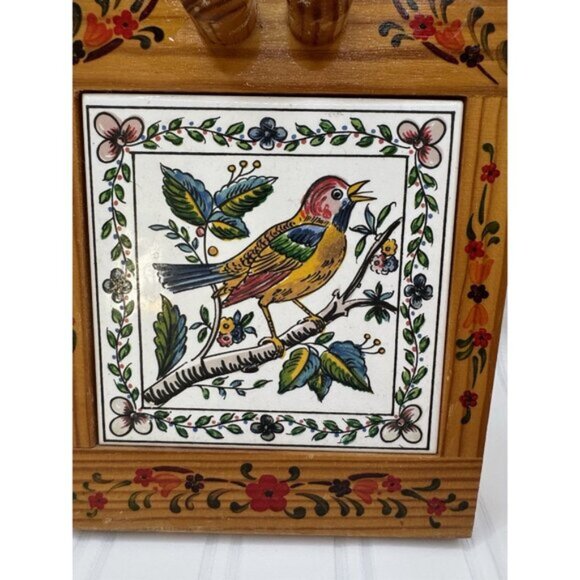 Colorful Floral Bird Ceramic Tile Wood Cutting Board, Hanging Hand Painted Trim! - Picture 2 of 8
